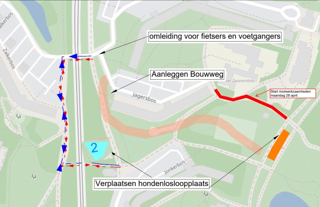 kaartje met route en omleiding bossenpark